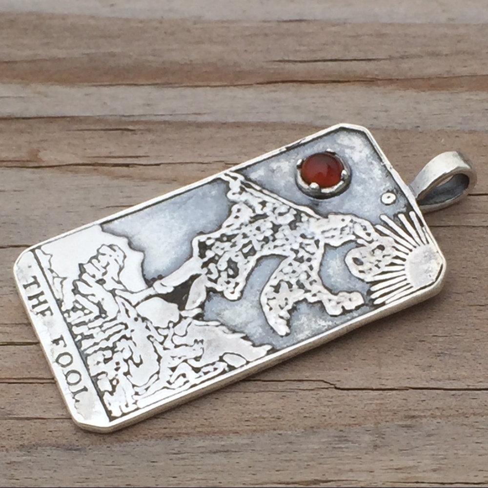 Fool Tarot Card Pendant .925 Sterling Silver w/ Genuine Carnelian gem USA - Picture 2 of 7